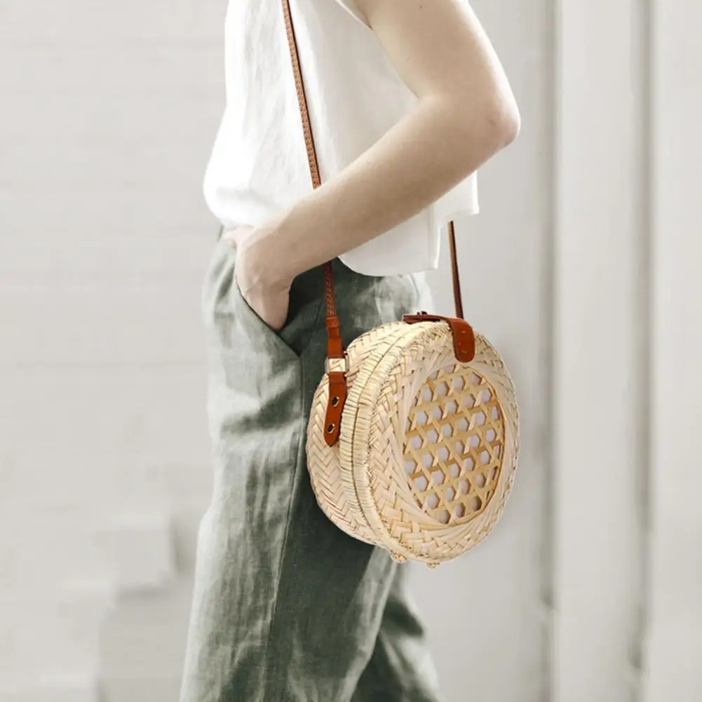 

Hot Selling Pure Handmade Beach Bag Shoulder Messenger Round Bamboo Bag Woven Bag Beach Handbags Woven Bag Holiday Home Holder