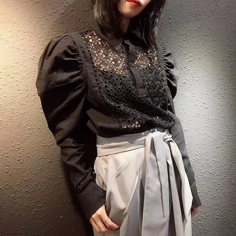 TWOTWINSTYLE корейские рубашки блузка Для женщин нагрудные Puff длинным рукавом