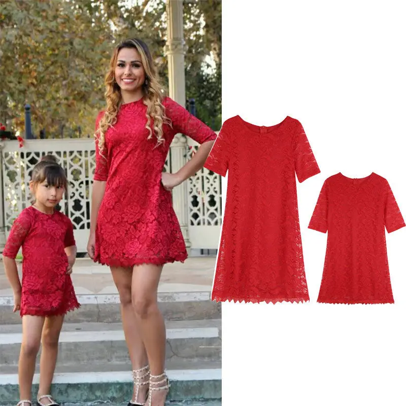 Summer Mother and Daughter Matching Hollow Lace Dresses Women Girls Half Sleeve Mini Red Dress Family Clothes | Мать и ребенок