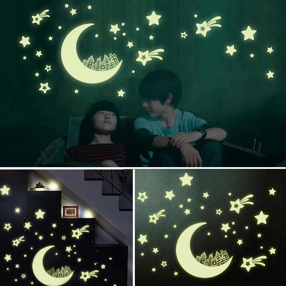 Star moon fluorescent wall sticker bedroom home decal decoration | Дом и сад