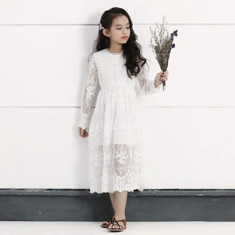 Floral Lace Chrochet Teenage Girls Dress Long Sleeve Cotton Spring Summer 2020 White Maxi Princess For Kids | Детская одежда и
