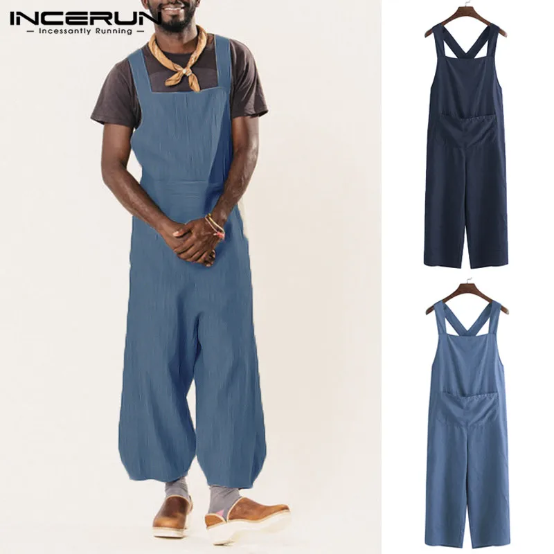 Мужской джинсовый комбинезон с широкими штанинами свободный однотонный