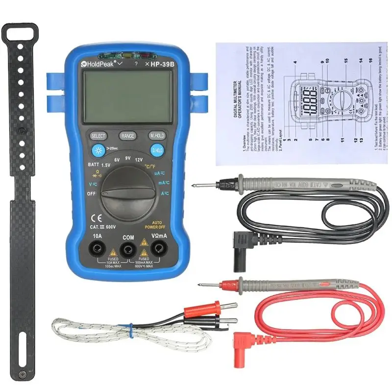 

HoldPeak HP-39B Digital Multimeter DC/AC Voltage Current Meter Resistance Temperature Battery Diode Continuity Tester