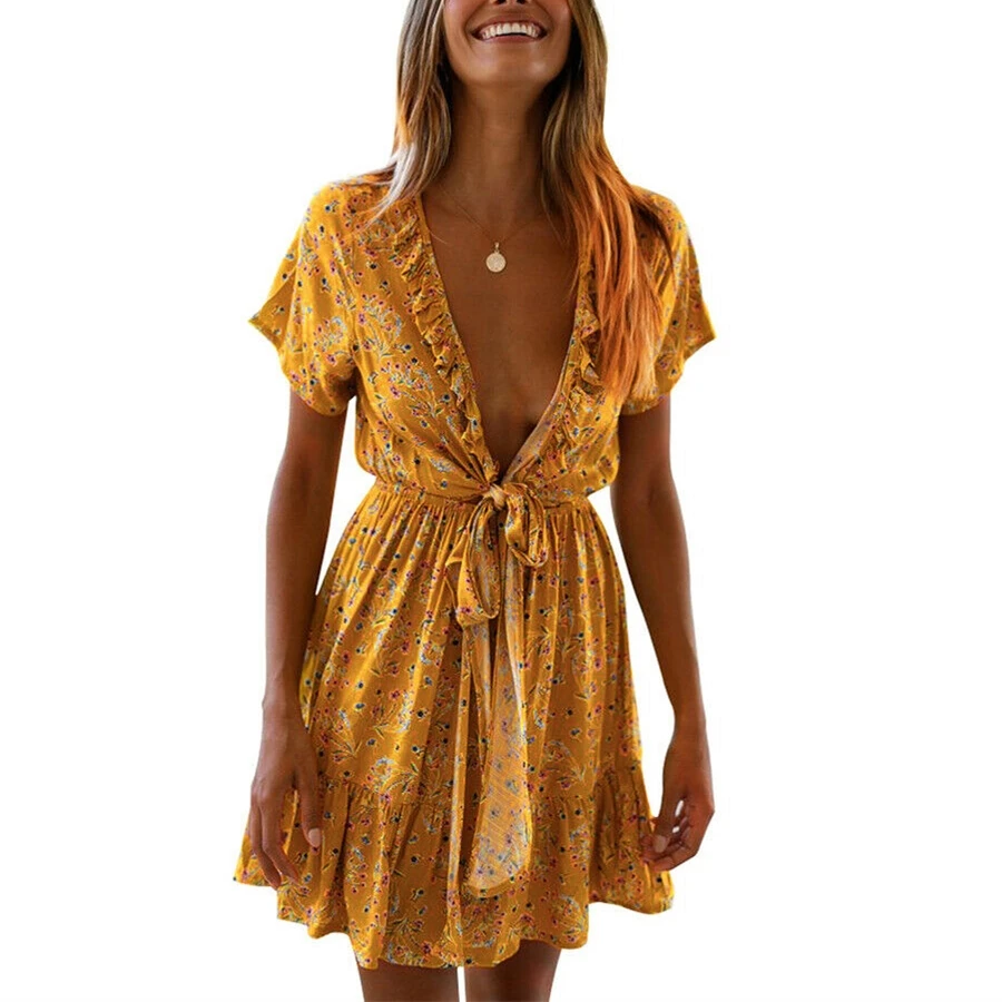 Для женщин Дамы v образным вырезом Boho Цветочный летний сарафан дамы Повседневное