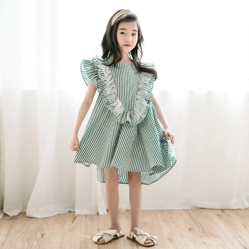 Summer Big Girls Ruffle Short Sleeve Loose Dress Stripe Cotton Fashion Kids Party costume 4-14 Yrs Teenager girl Princess Frocks | Детская