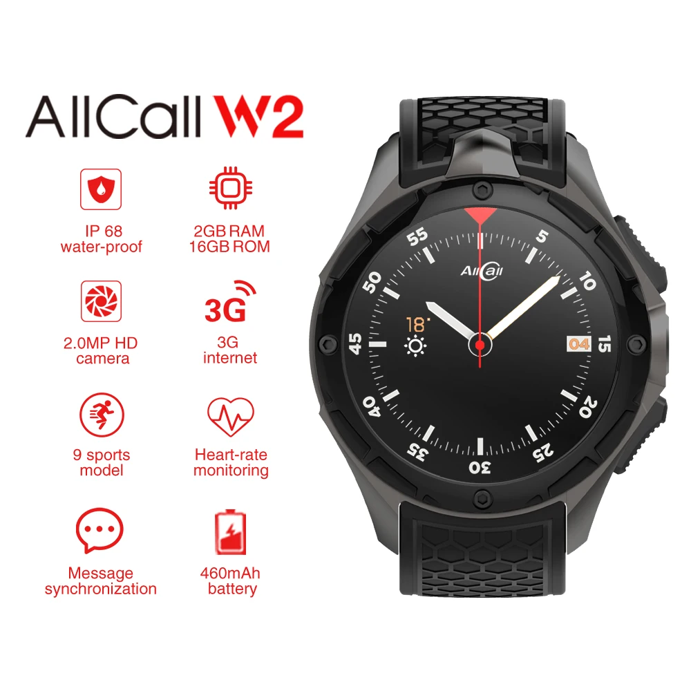 Смарт-часы ALLCALL W2 3G мужские 16 ГБ + 2 Гб камера Мп экран 1 39 дюйма AMOLED наноsim Wi-Fi Bluetooth 4 0