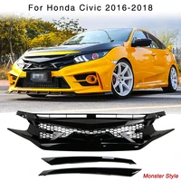 front bumper grill grille for honda civic 2016 2017 2018 glossy black hood monster style with honeycomb mesh