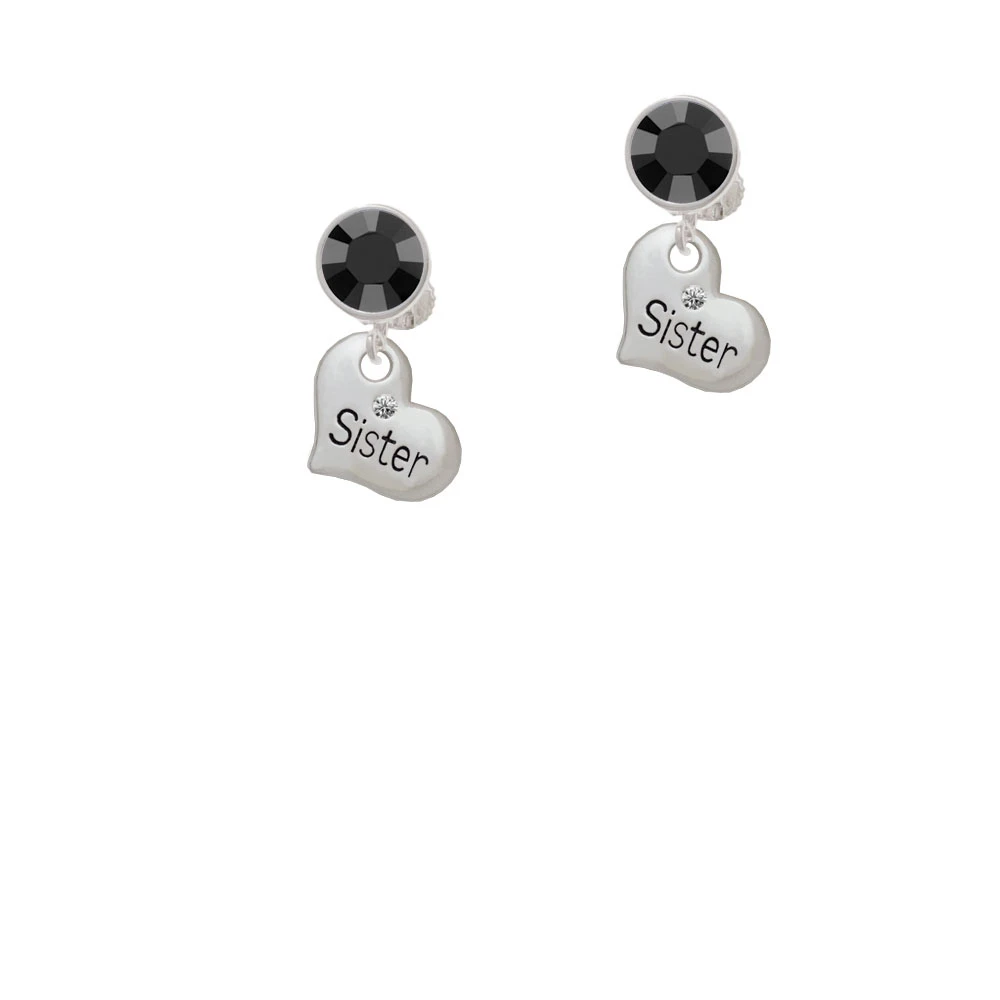 Small ''Sister'' Heart with Clear Crystal Clip On Earrings |