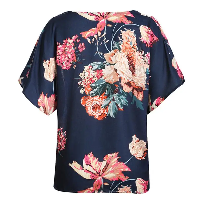 Женская футболка с коротким рукавом V образным вырезом и цветочным принтом лето