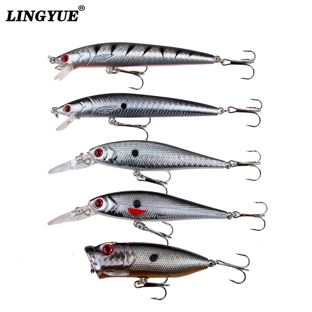 

LINGYUE Fishing Lures Set Mixed 5pcs/Lot Artificial Hard Baits Mix 5 Varisized Models Fishing Tackle Minnow Lure and Popper Bait
