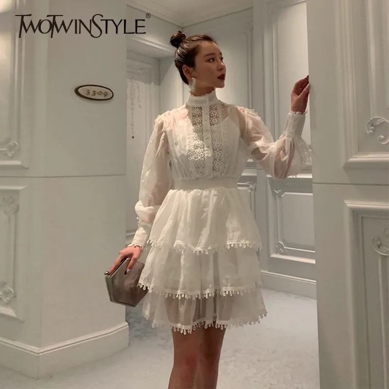 TWOTWINSTYLE выдалбливают платье женское стоячий воротник фонарь рукав высокая Талия