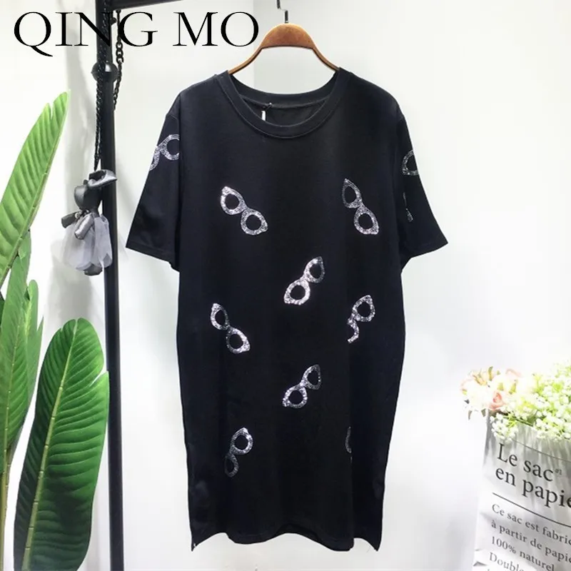 QING MO очки Футболка Платье женское черное с коротким рукавом платье 2019 Лето Looose