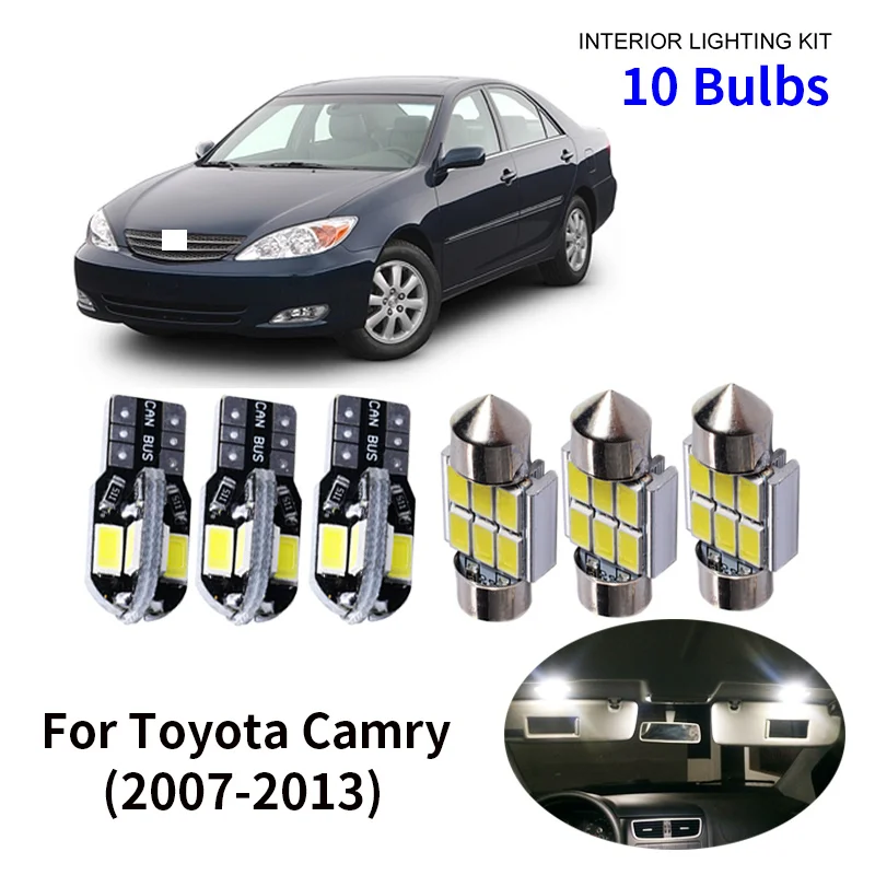 

10pcs Car Accessories White Interior LED Light Bulbs Package Kit For 2002-2006 Toyota Camry T10 31MM Map Dome Trunk Lamp