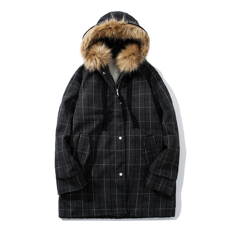 Зимнее новое пальто Мужская Ретро мода клетчатая длинная куртка с меховым