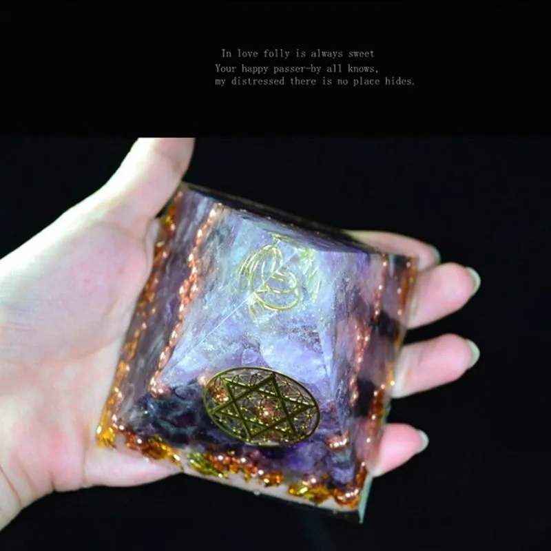 AURA REIKI Orgonite Pyramid Amethyst Sahasrara Chakra Jeremiel Natural White Crystal To Improve Mood Resin Pyramid Crafts C0146
