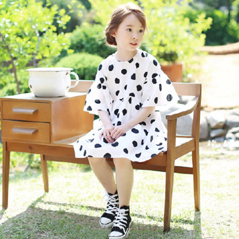 Summer Girls Dresses Teen Children Cotton Polka Dot Cute Dress Big Girl Fashion Loose Princess Age 3 - 14 years old | Детская одежда и