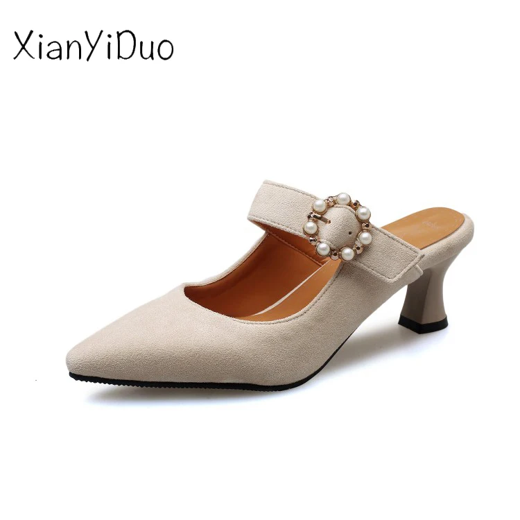 Xianyiduo2019 летние уличные женские тапочки на высоком каблуке с бусинами розовые