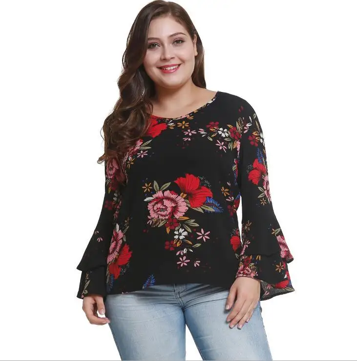 Модные женские цветочные свободный рукав с принтом круглый вырез Топы блузка