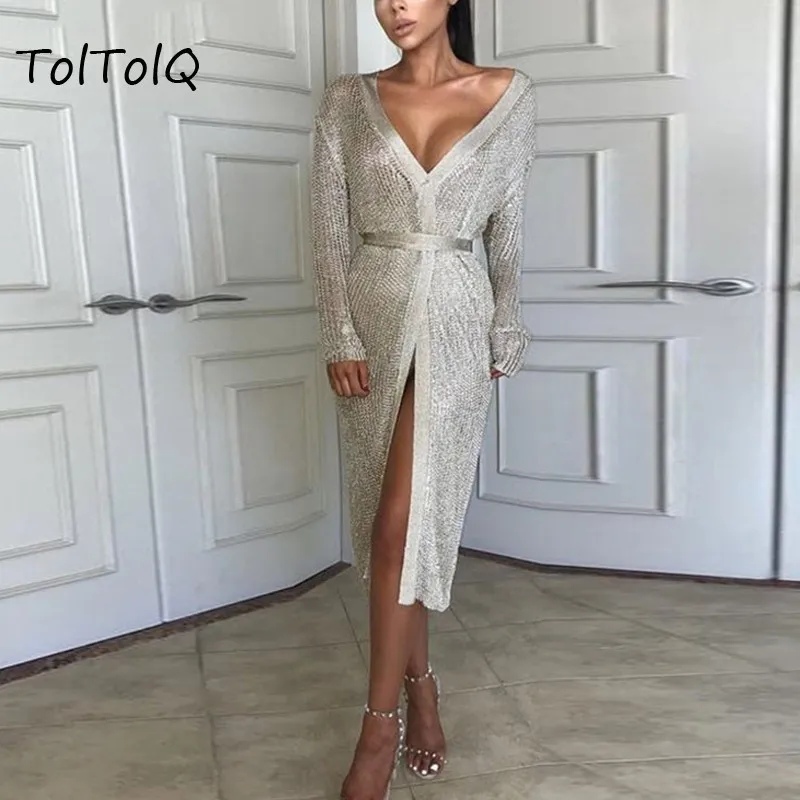 TolTolQ растягивающиеся женские 2018 Осенние сексуальные пляжные платья с вырезами