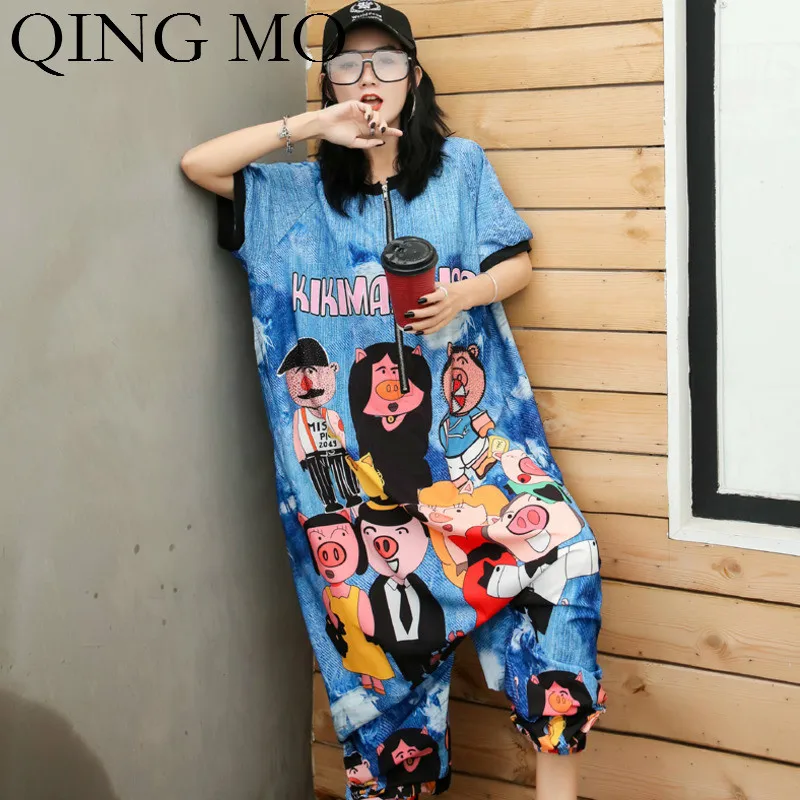 QING MO женские комбинезоны с мультяшным принтом летние коротким рукавом полной