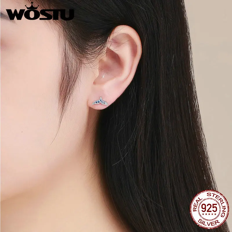 WOSTU 925 пробы серебряные серьги-гвоздики в виде хвоста русалки с голубым цирконием для женщин Свадебные блестящие ювелирные изделия CTE058