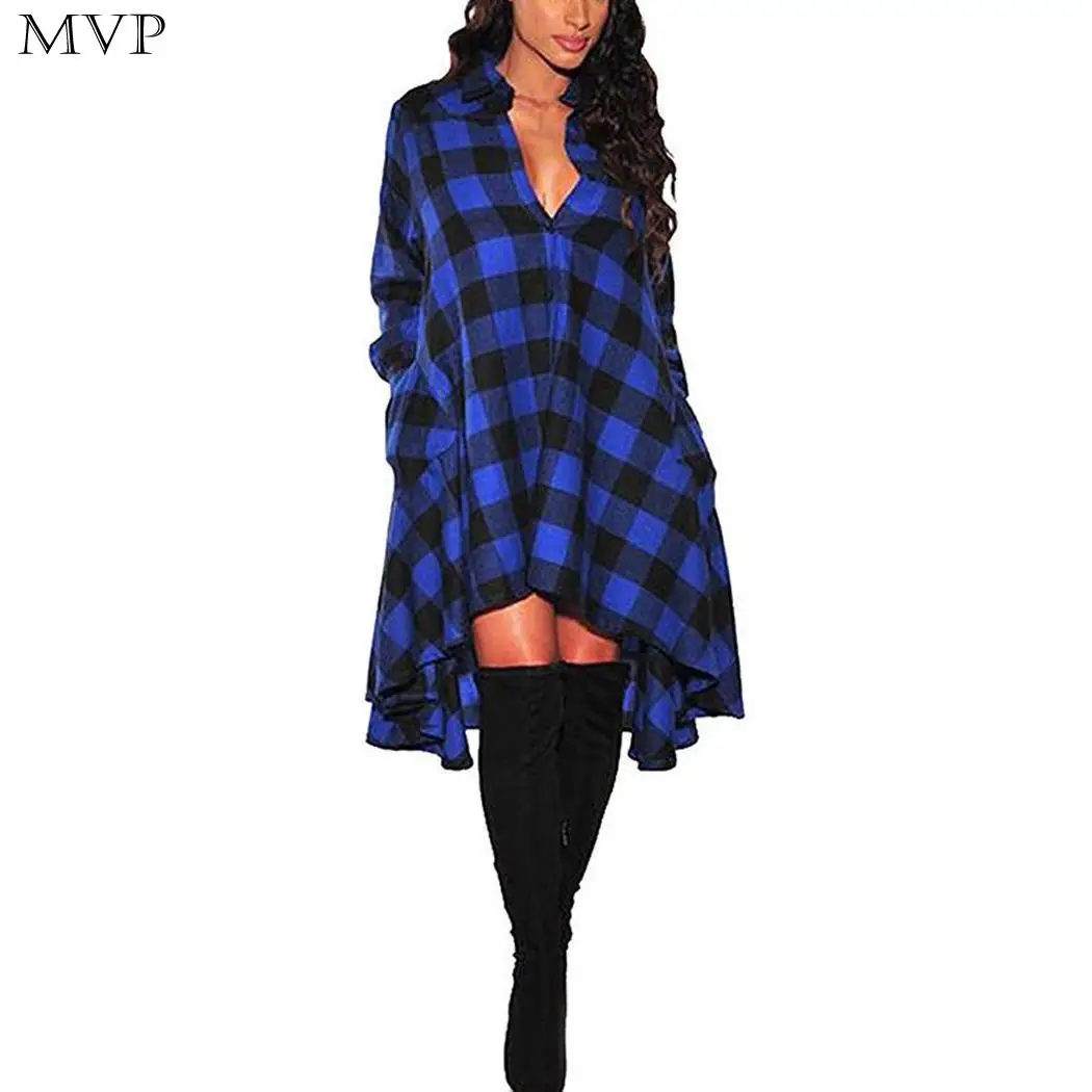 Женское повседневное клетчатое платье с длинным рукавом пуговицами и