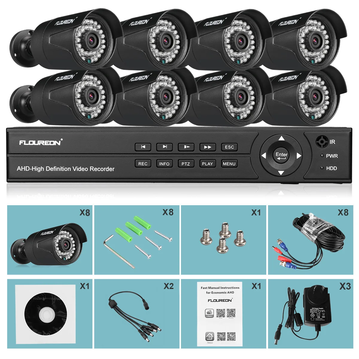 8CH 1080P AHD DVR + 8 шт. наружная 3000TVL 2.0MP камера для дома/особняк/магазин система