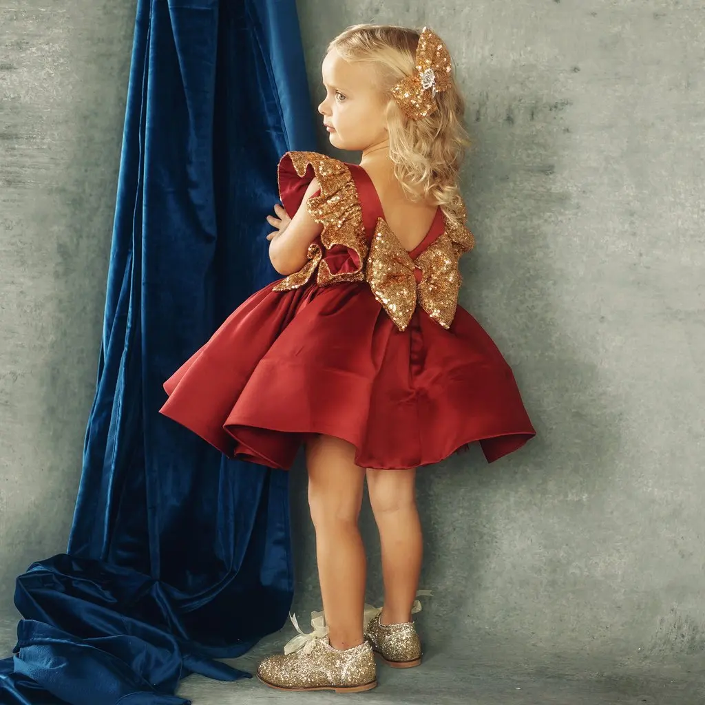 

Christmas Toddler Baby Girl Sequins Bowknot Dress Wedding Party Princess Dresses Cute Children Girl Xmas Dress Fashion