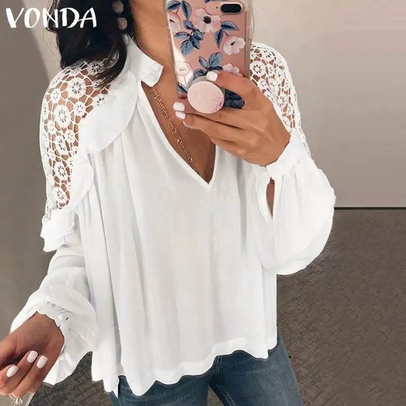 VONDA, без бретелек, женская летняя Кружевная блуза, Сексуальные клубные топы, v-образный вырез, рукав-фонарик, блузы, топы с открытыми плечами, OL рубашка, S-5X