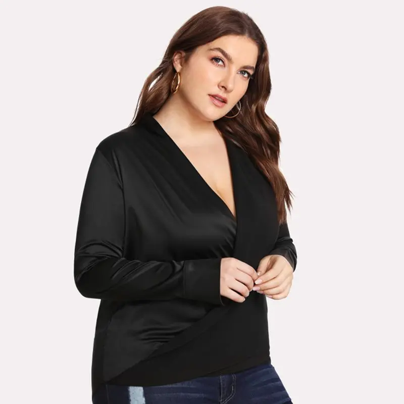 Women Plus Size Blouses Solid Black Office Simple Stylish Deep V Sexy Tops Spring Work Wear Loose 5XL Casual Blouse Shirt Female |