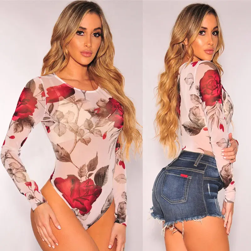 Женский сетчатый Кружевной Костюм боди с длинным рукавом и цветочным принтом