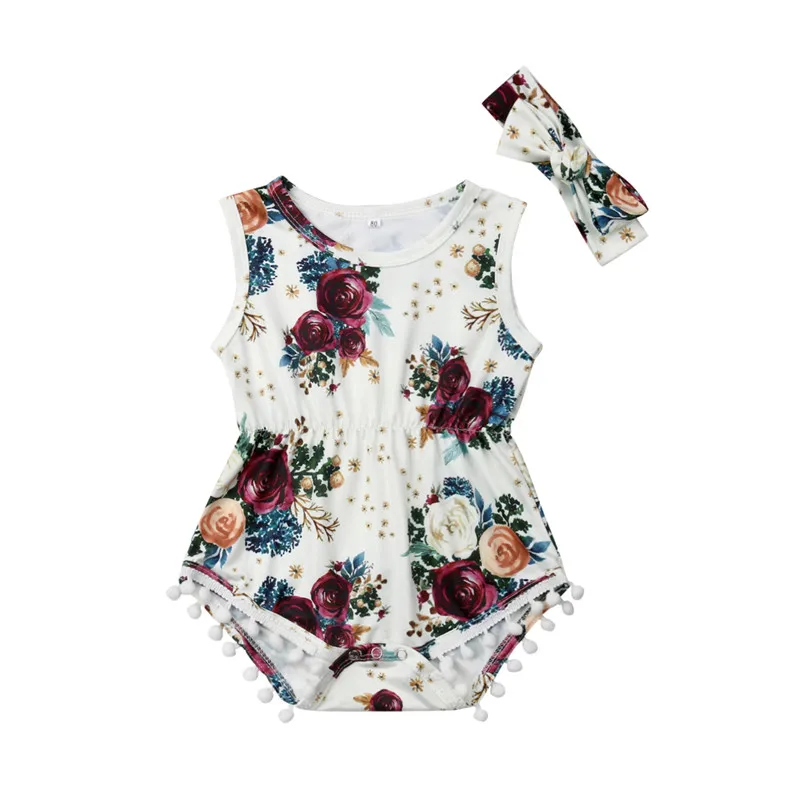 

2Pcs Kid Baby Girl Floral Romper Jumpsuit Outfit Bow Headband Sleeveless Floral Tassel Patchwork Bodysuit One-piece Clothes 0-2T