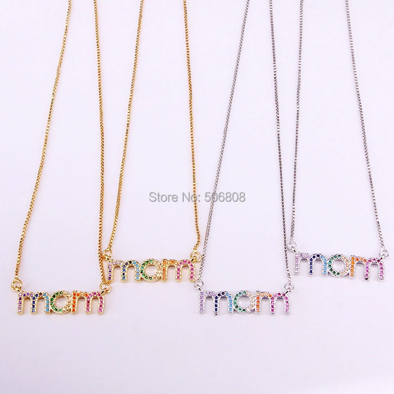 

6PCS ZYZ334-7272 Rainbow cubic zirconia micro pave cz mom" Pendant Necklace For Women Jewelry