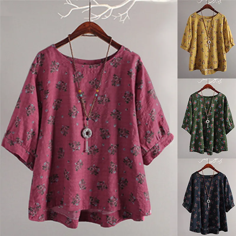 Женская блузка с цветочным принтом Boho большие размеры коротким рукавом в