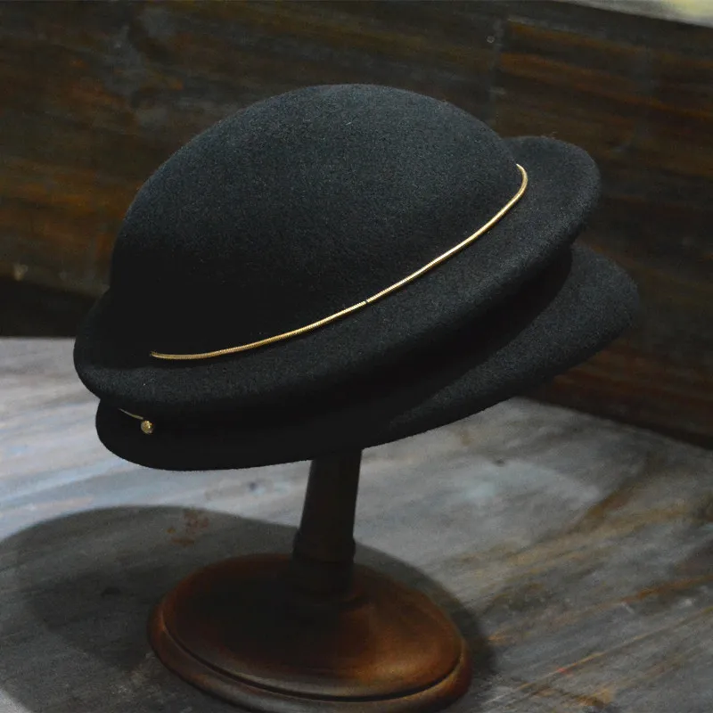 

New Pattern Wool Beret Formal Hat Chain Peaked Cap Double-deck Steel Rim Beret Solid Color Autumn And Winter