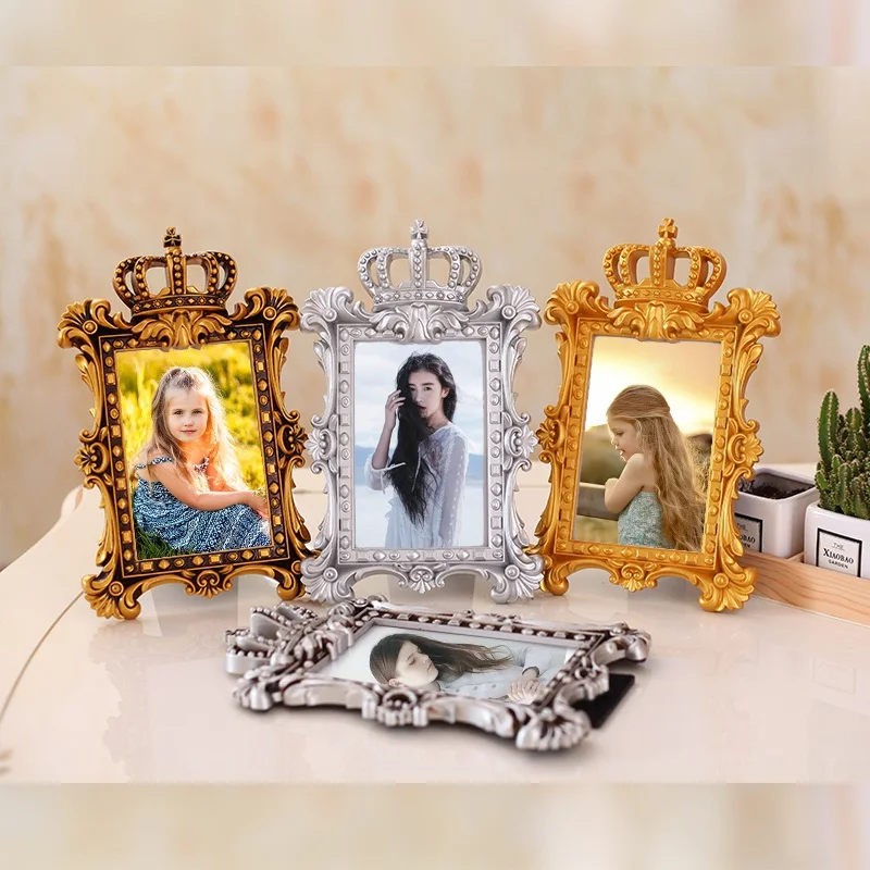 

European Photo Frame Gold Picture Frame Retro Metal Texture Carved Crown Frame Handicraft Creative Home Decoration