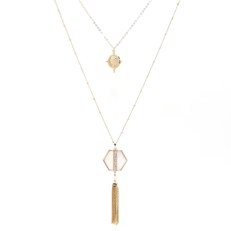 Fashion Square Hexagon Abalone Shell Pendant Metal Tassels Long Chain Sweater Necklace Geometric Body Jewelry | Украшения и