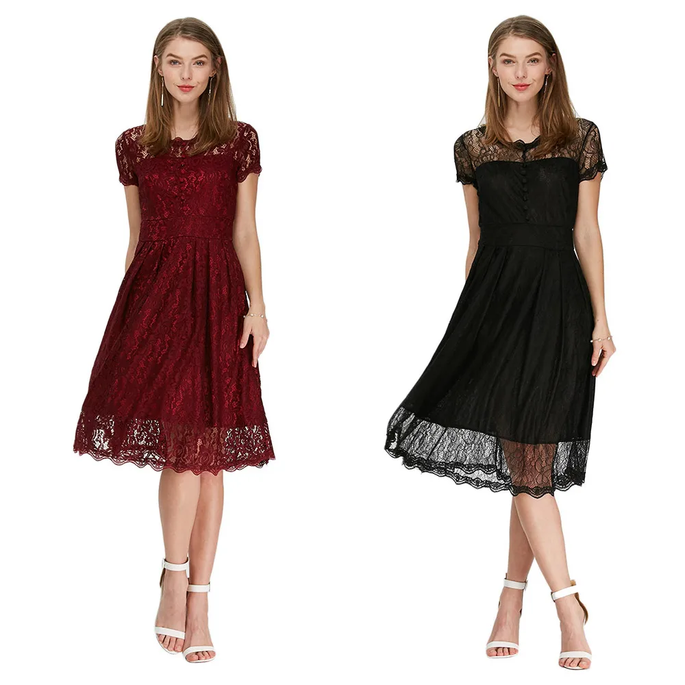 Летнее сексуальное кружевное платье миди женское трапециевидной формы с круглым