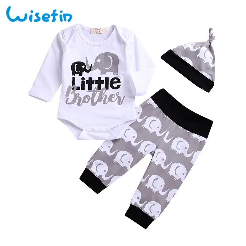 Wisefin Set Baby Clothes Cartoon Elephant Newborn Boy Outfits Animal Clothing For Girl 3Pcs Bodysuits+Pants+Hat | Детская одежда и