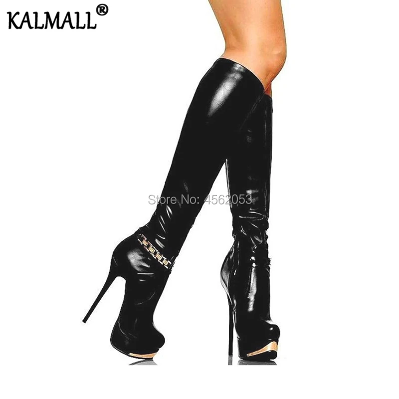 KALMALL/блестящие черные сапоги до колена из гладкой кожи пикантная обувь с золотыми