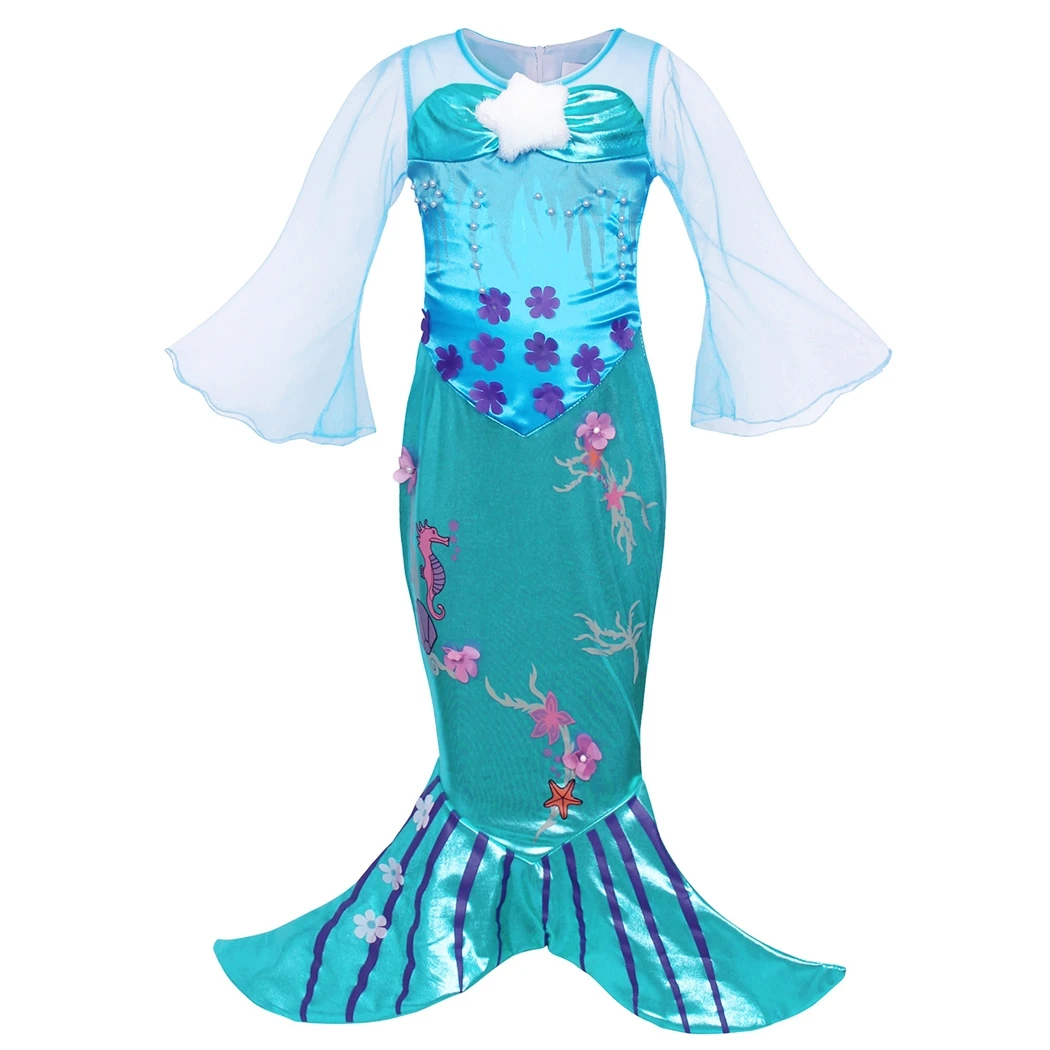 AmzBarley Girls Dress Little Mermaid Princess Ariel Costume Seahorse Cosplay outfits Toddler Halloween Birthday Party clothes | Детская