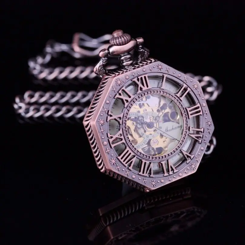 Double Roman Number Skeleton Steampunk Hollow Case Half Hunter Polygon Copper Tone Retro Wind Up Men Pocket Watch | Наручные часы