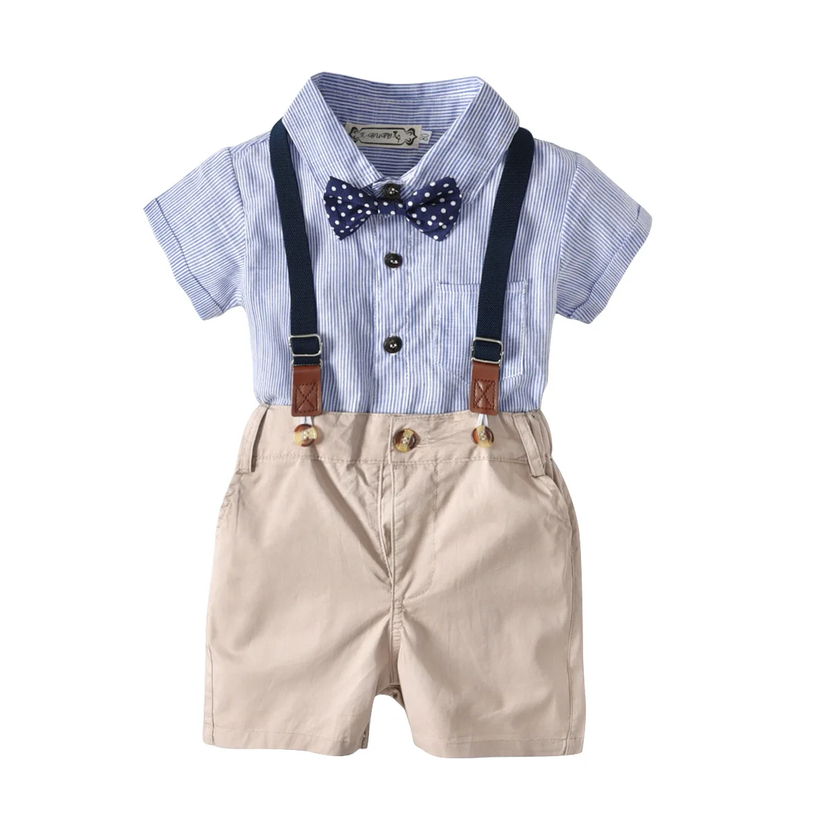 3pcs Baby Boys Clothing Set Short Sleeves Blue Stripes Romper/T-shirt+Bow Tie+Suspenders Pants Cotton 6-24M |