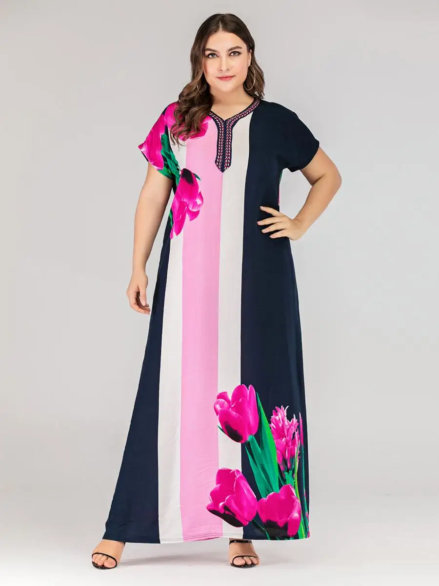 Женское длинное платье с коротким рукавом и принтом кафтан абайя туника большие