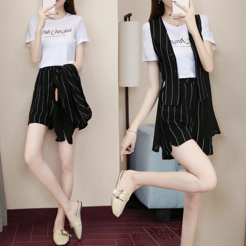 

women vest T shirt shorts suit Korean fashion chiffon top 2019 summer new casual stripe three-piece clothing set size S-XL