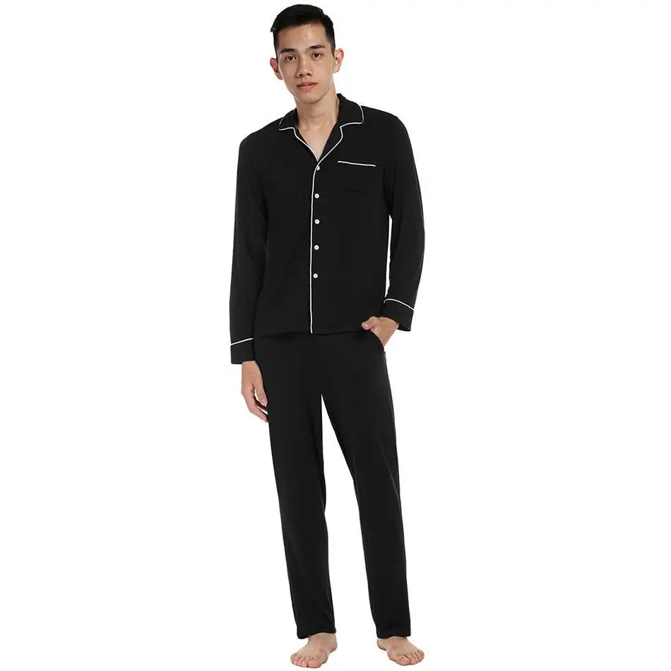 Мужские с длинным рукавом Твердые Turn Down Воротник Loose Pajama Set Nightwear полная длина