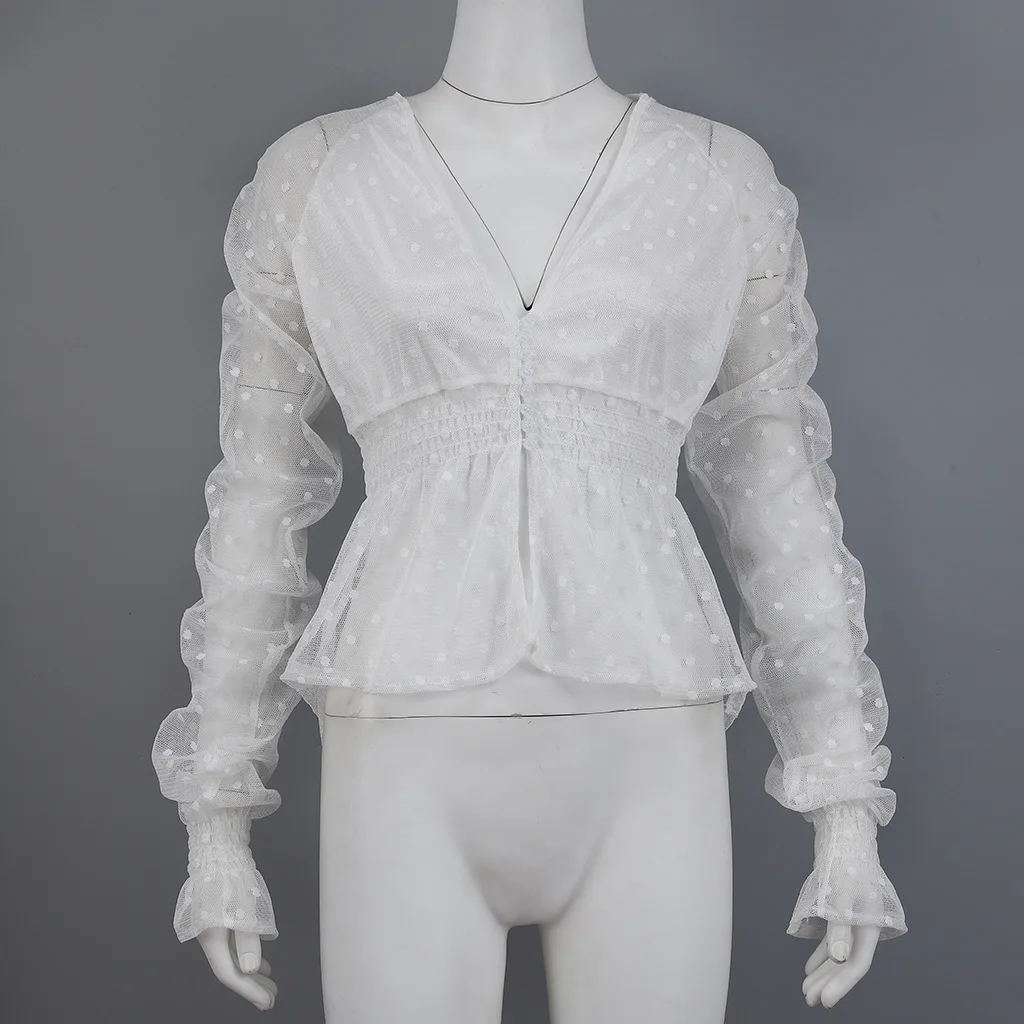 Летняя женская прозрачная блузка в горошек с рукавами-фонариками Повседневная