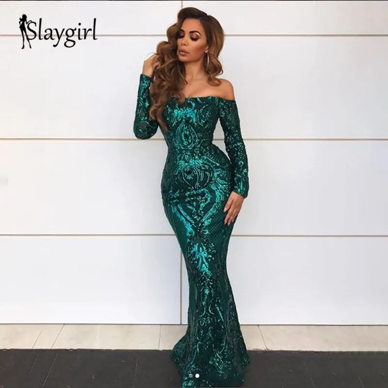 Женское длинное платье с блестками Slaygirl Сетчатое вечернее открытыми плечами