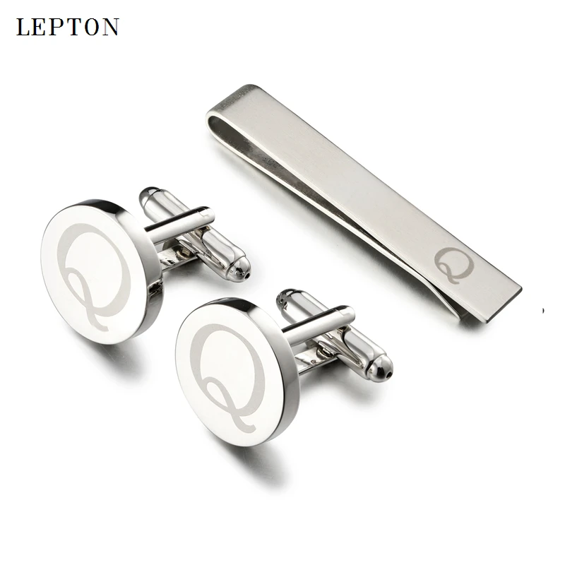 

Lepton Round Laser Letter Cufflinks And Tie Clips Set Letters Q Cuff links For Mens French Shirt Cuffs Cufflink Relojes Gemelos