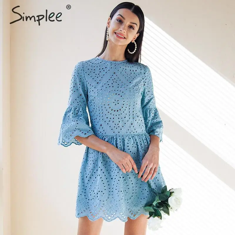 Женское ажурное хлопковое платье Simplee вышитое трапециевидное белое летнее бохо с